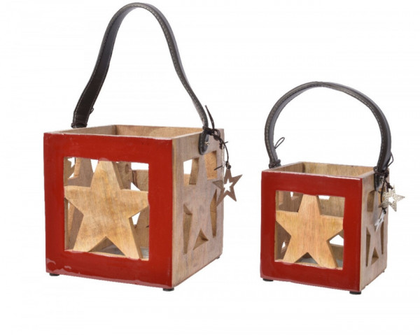 Set 2 felinare Star, Decoris, lemn, multicolor