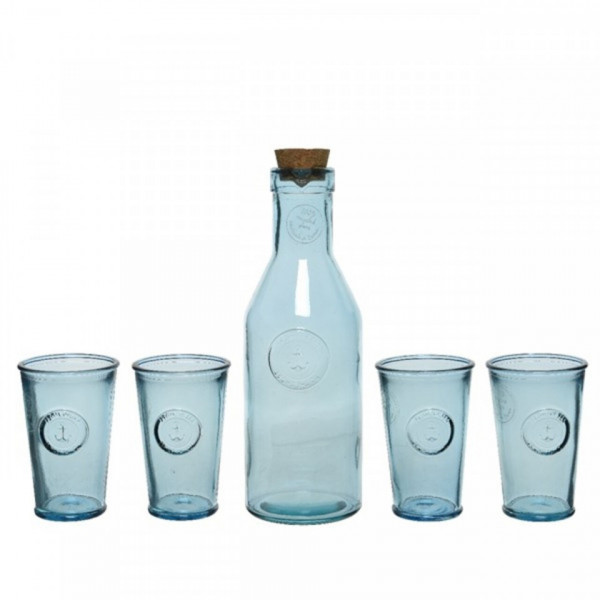 Set 4 pahare si sticla Beverage, Decoris, transparent, sticla