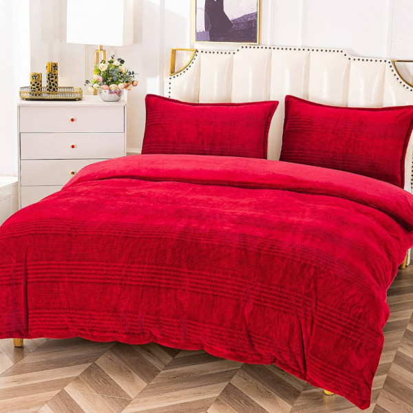 Set lenjerie de pat cocolino pufoasa, model zigzag, 4 piese, pat 2 persoane, rosu, LCP-63