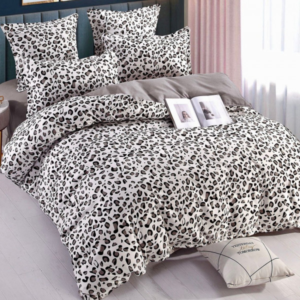 Set Lenjerie de Pat cu Elastic, Bumbac Tip Finet, 6 Piese, Pat 2 Persoane, Alb / Negru, Leopard, FNJE-72
