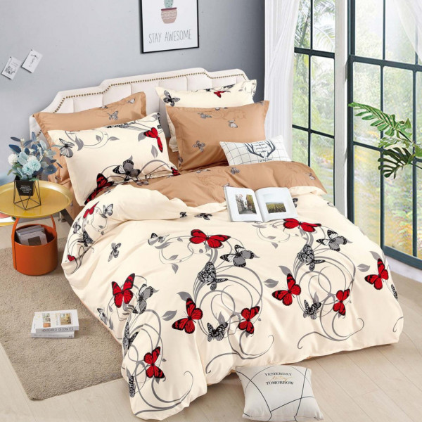 Set Lenjerie de Pat cu Elastic, Bumbac Tip Finet, 6 Piese, Pat 2 Persoane, Crem, FNJE-96