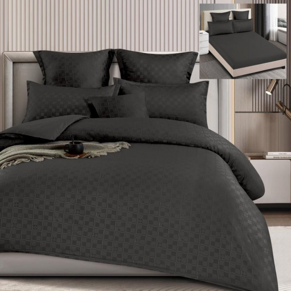 Set lenjerie de pat cu elastic, bumbac tip finet, uni, 6 piese, pat 2 persoane, negru, T4-04