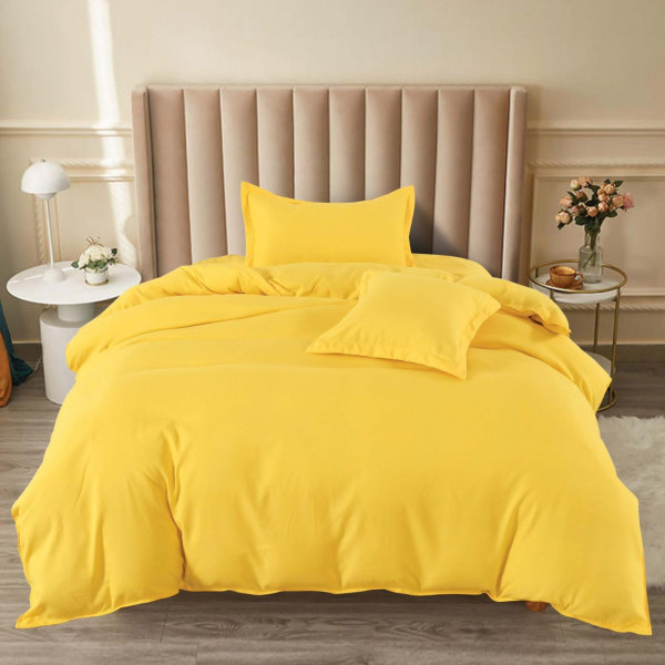 Set Lenjerie de Pat cu Elastic, Uni, Bumbac Tip Finet, 4 Piese, Pat 1 Persoana, Galben, FJ1-80