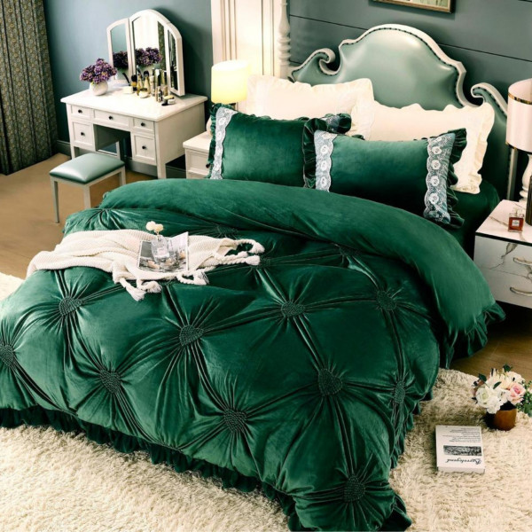 Set Lenjerie de Pat din Catifea, Cu Broderie, 4 Piese, Pat 2 Persoane, Verde Inchis, CCJ-06