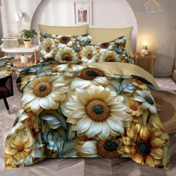 🌻 Lenjerie de Pat 6 Piese Bej & Auriu | Flori de Floarea-Soarelui | Imprimeu Digital 5D | Finet | Jojo Home