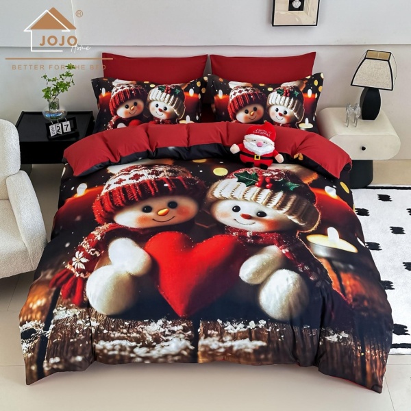 🎄 Lenjerie de Pat 6 Piese Crăciun Roșie | Omuleți de Zăpadă cu Inimioară | Imprimeu Digital 5D | Finet | Jojo Home