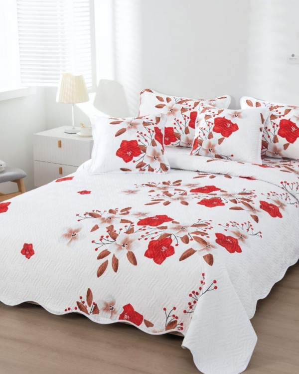 Cuvertura de pat cu 2 fete, pat 2 persoane, 5 piese, tesatura tip finet, alb / rosu, CVP5-04