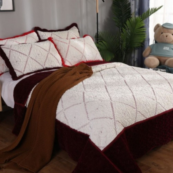 Cuvertura de pat de lux din catifea + 2 fete de perna, pat 2 persoane, alb / rosu, CCL-06