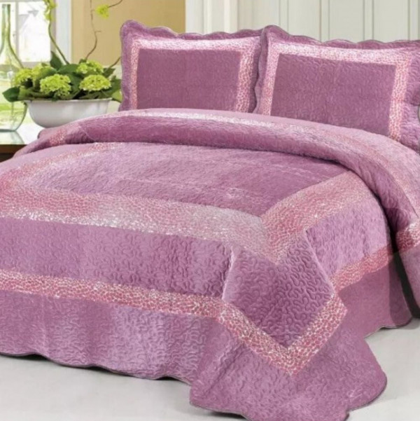 Cuvertura de pat din catifea + 2 fete de perna, pat 2 persoane, roz, 3 piese, CCC-03