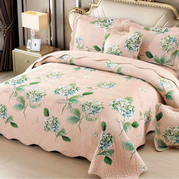 Cuvertura de pat si 4 fete de perne, pat 2 persoane, 100% bumbac, verde / roz, E-S265