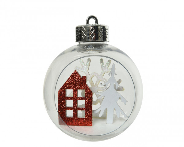 Glob Bauble tree-house- snowflake, Decoris, Ø8 cm, plastic, rosu/alb - Img 1