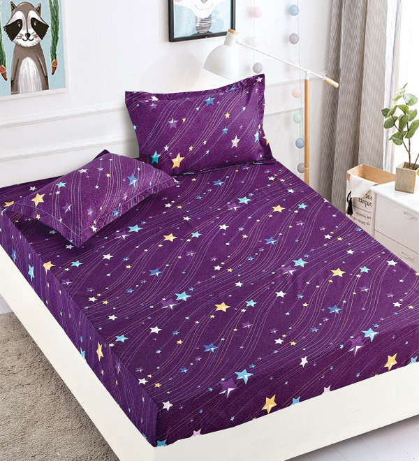 Husa de Pat 1 persoana cu Elastic si 2 Fete de Perna, Colored Stars, HBF1-21