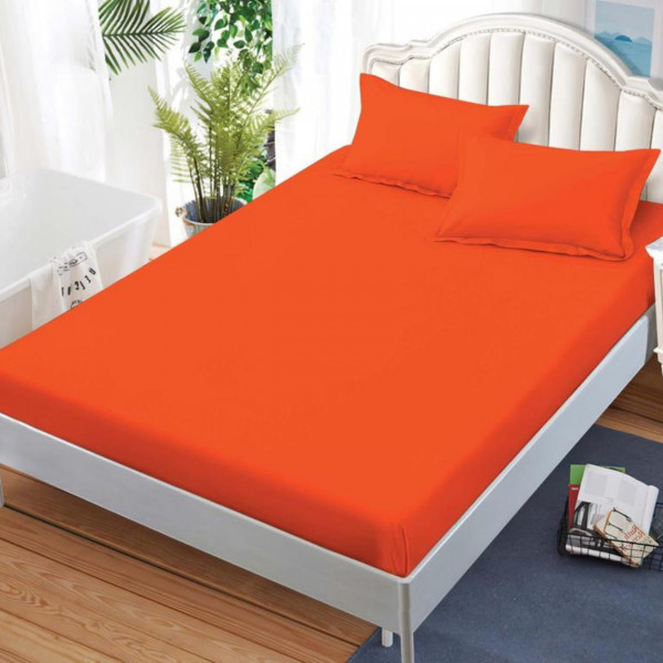 Husa de pat cu elastic si 2 fete de perna, bumbac tip finet, Uni, pat 2 persoane, portocaliu, HBFJ-141