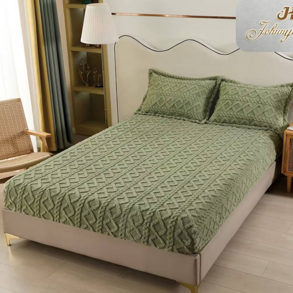 Husa de pat cu elastic si 2 fete de perna, cocolino tip jacquard, uni, pat 2 persoane, verde, C03