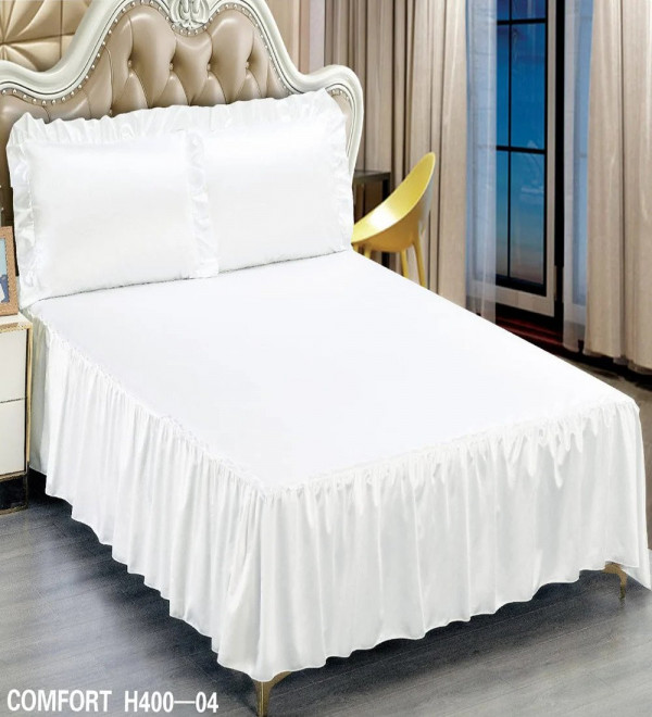 Husa de pat cu volan, material tip saten, pat 2 persoane, alb, H400-04 - Img 1