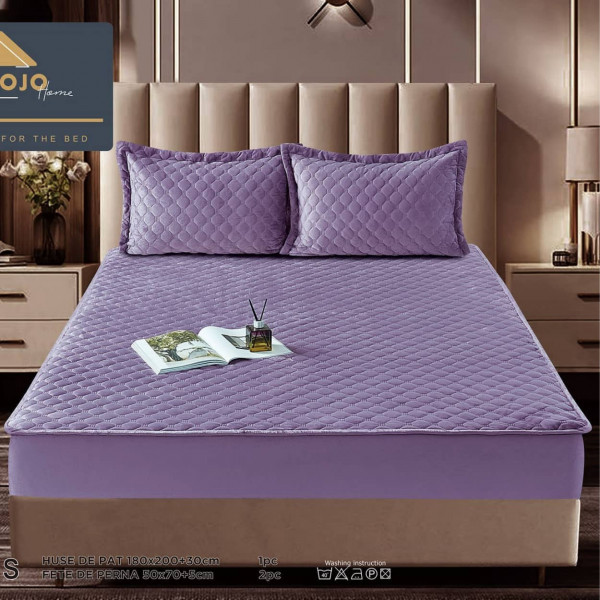Husa de pat matlasata si 2 fete de perne din catifea, cu elastic, model tip topper, pat 2 persoane, mov, HTC-10