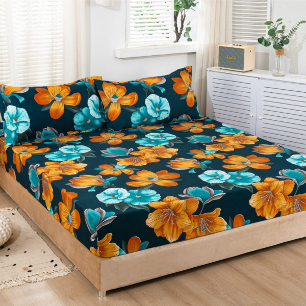 Husa de pat si 2 fete de perna, pat 2 persoane, 180x200 cm, albastru / portocaliu, 3 piese, HB-107 - Img 1