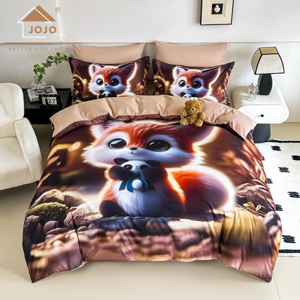 Lenjerie de Pat 5D Finet Bej „Vulpiță cu Jucărie Panda” | 4 Piese | Imprimeu Digital | Pat 1 Persoană | JOJO HOME