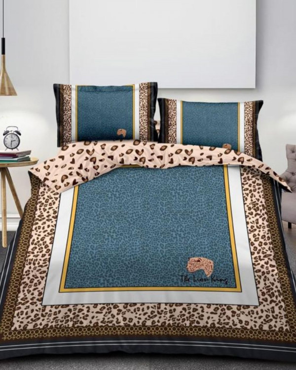 Lenjerie de pat cu 2 fete, imprimeu 3D, tesatura tip finet, pat 2 persoane, crem / albastru, 6 piese, A2-16