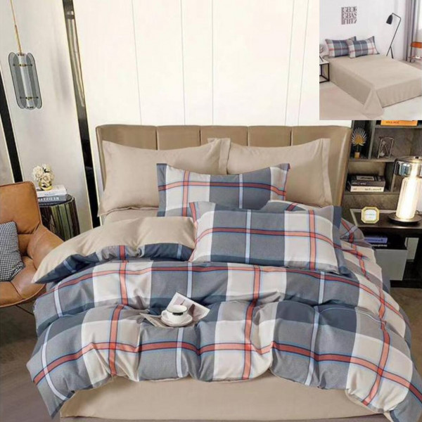 Lenjerie de pat cu 2 fete, tesatura tip finet, pat 2 persoane, 6 piese, bej / albastru, R60-500