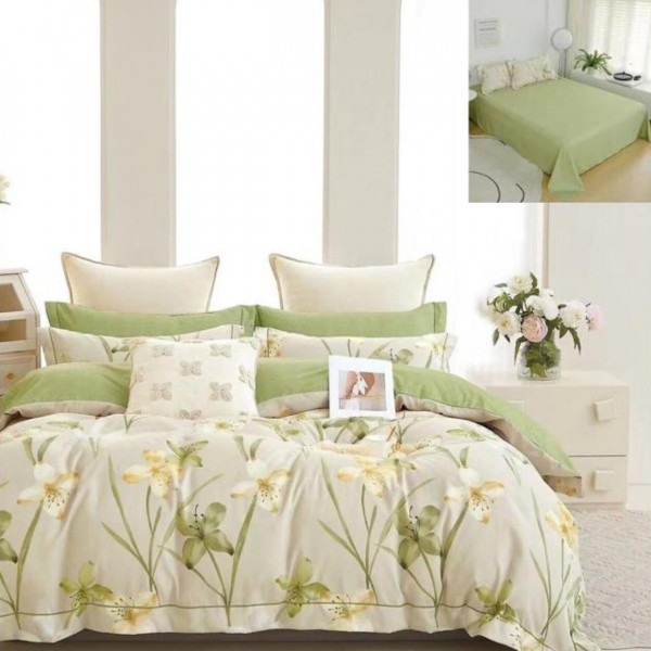 Lenjerie de pat cu 2 fete, tesatura tip finet, pat 2 persoane, 6 piese, verde, R60-502 - Img 1