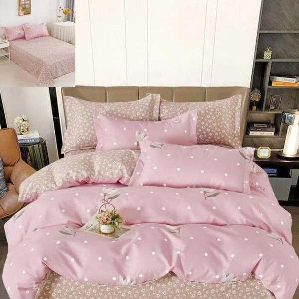 Lenjerie de pat cu 2 fete, tesatura tip finet, pat 2 persoane, 6 piese, roz, R60-512 - Img 1