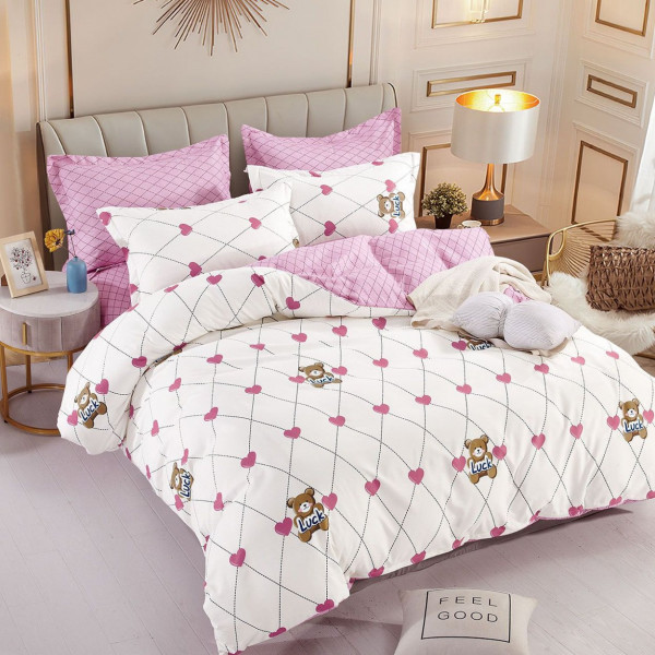 Lenjerie de pat cu elastic, bumbac tip finet, pat 2 persoane, alb / roz, 6 piese, FNJE-82