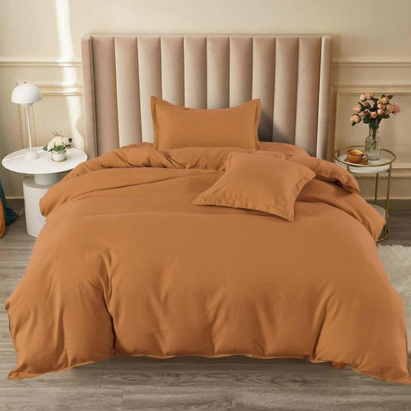 Lenjerie de pat cu elastic, bumbac tip finet, uni, pat 1 persoana, 4 piese, maro, FJ1E-52