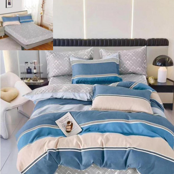 Lenjerie de pat cu elastic, tesatura tip finet, pat 2 persoane, 6 piese, albastru inchis, T231 - Img 1