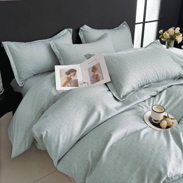 Lenjerie de pat cu elastic, tesatura tip finet, pat 2 persoane, 6 piese, verde deschis, FNJE-150 - Img 1