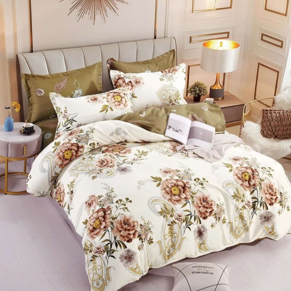 Lenjerie de pat cu elastic, tesatura tip finet, pat 2 persoane, bej, 6 piese, FNJE-81