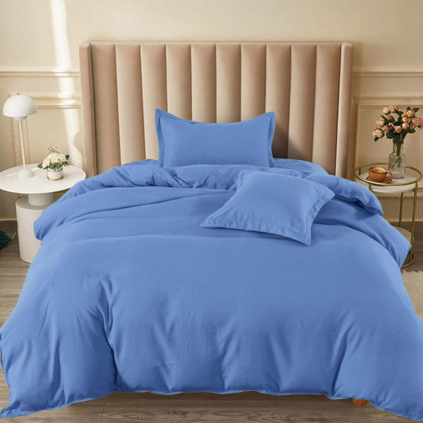 Lenjerie de pat cu elastic, tesatura tip finet, uni, pat 1 persoana, 4 piese, albastru marin, T60-65 - Img 1