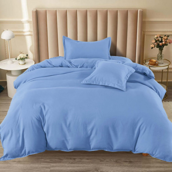 Lenjerie de pat cu elastic, uni, bumbac tip finet, pat 1 persoana, albastru deschis, 4 piese, FJ1-86