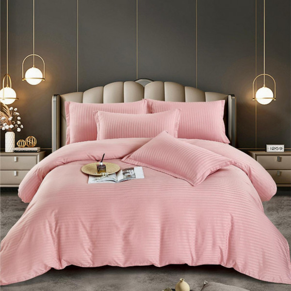 Lenjerie de pat, damasc, Uni, pat 2 persoane, roz pal, 6 piese, Jo-Jo