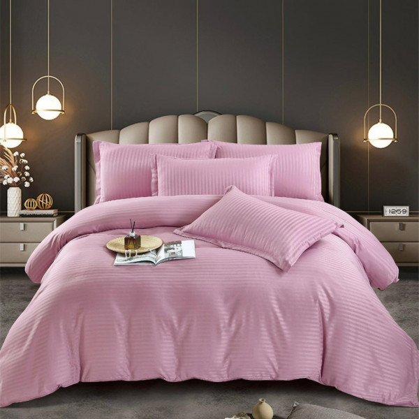 Lenjerie de pat, damasc, uni, roz, 6 piese, pat 2 persoane, Jo-Jo