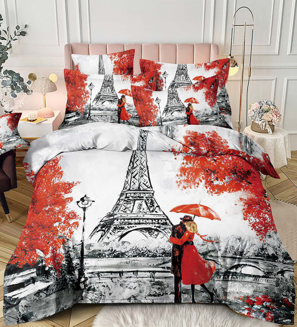 Lenjerie de Pat Finet 3D cu 2 Fete, 6 Piese, Pat 2 Persoane, Eiffel Tower, FNJD-13