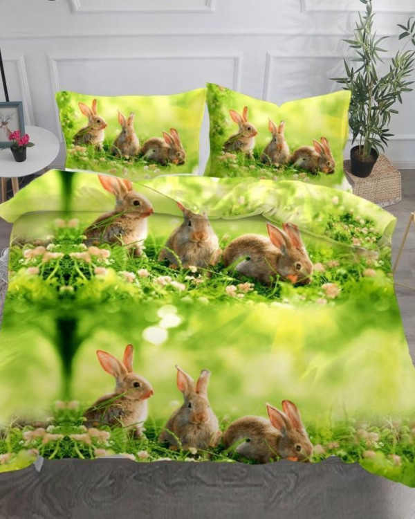 Lenjerie de pat, imprimeu 3D, policoton, pat 2 persoane, 4 piese, verde, S4-15 - Img 1