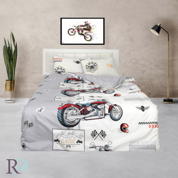 Lenjerie de pat pentru copii, 100% bumbac, tesatura satin, alb / gri, Roxyma Dream Motor