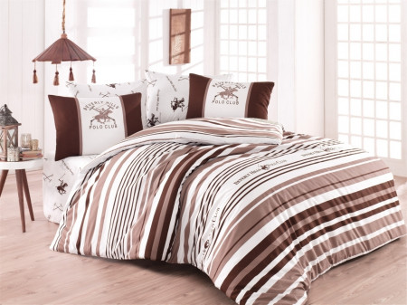 Lenjerie de pat pentru o persoana, Brown Stripes, Beverly Hills Polo Club, 3 piese, 160 x 240 cm, 100% bumbac ranforce, alb/maro