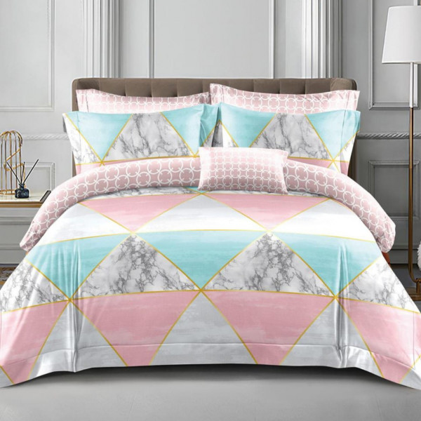 Lenjerie de pat policoton cu elastic dubla, roz / gri, 4 piese, E-47