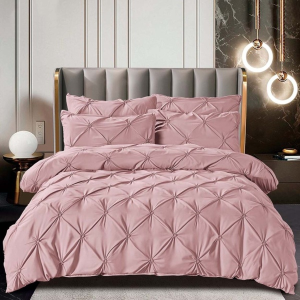 Lenjerie de pat uni cu elastic, tesatura tip finet, pat 2 persoane, 6 piese, roz, FNJS-09