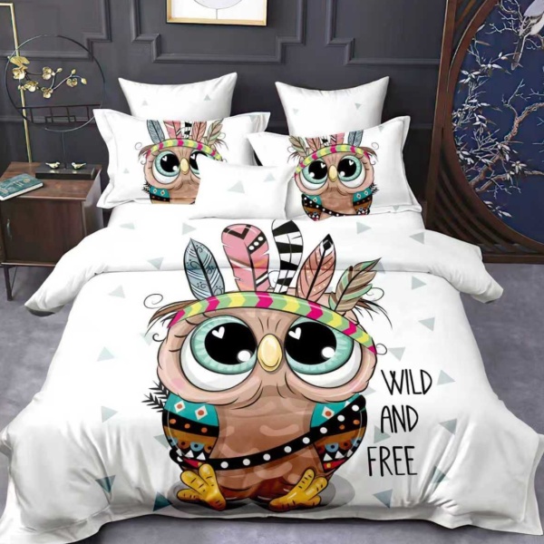 Lenjerie Finet 3D 6 Piese | Model Bufniță Colorată „Wild and Free” | Pat Dublu | Johnny Home Pucioasa