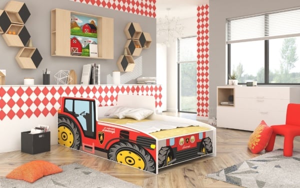 Pat copii cu saltea din spuma si somiera incluse, Tractor Red, ADRK Furniture