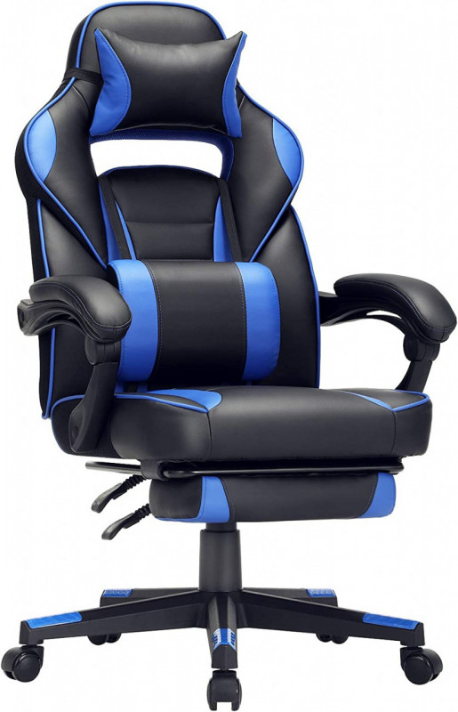 Scaun de gaming cu recliner, metal / piele ecologica, negru / albastru, Songmics - Img 1