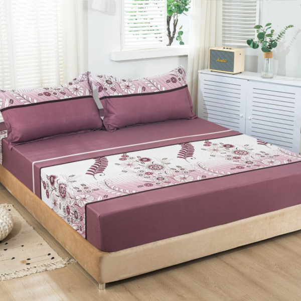 Set Husa de Pat si 2 Fete de Perna, 3 Piese, Pat 2 Persoane, 180x200 cm, Alb / Grena, HB-117