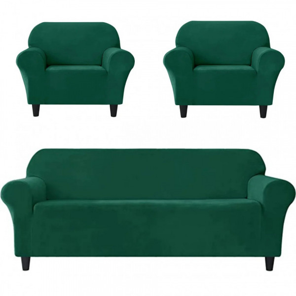Set huse elastice din catifea pentru canapea 3 locuri + 2 fotolii, cu brate, verde, HCCJS-07 - Img 1