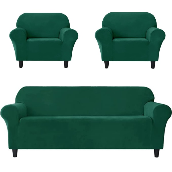 Set huse elastice din catifea pentru canapea 3 locuri + 2 fotolii, cu brate, verde, HCCJS-07 - Img 1