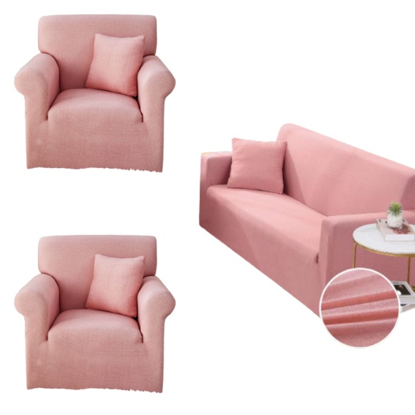 Set huse elastice pentru canapea 3 locuri si 2 fotolii, cu brate, uni, roz, SHEJ-37 - Img 1