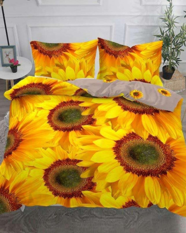 Set Lenjerie Bumbac Satinat Superior, 4 Piese, Pat 2 Persoane, Sunflower