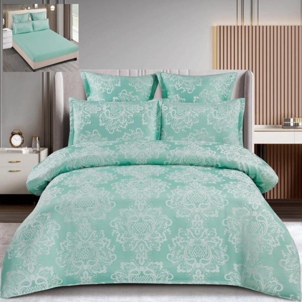 Set lenjerie de pat cu elastic, bumbac tip jacquard, 6 piese, pat 2 persoane, turquoise, T3-06